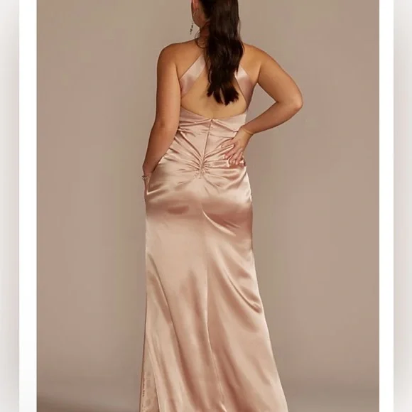 Charmeuse halter bridesmaid dress - color is Cinnamon - Picture 2 of 5